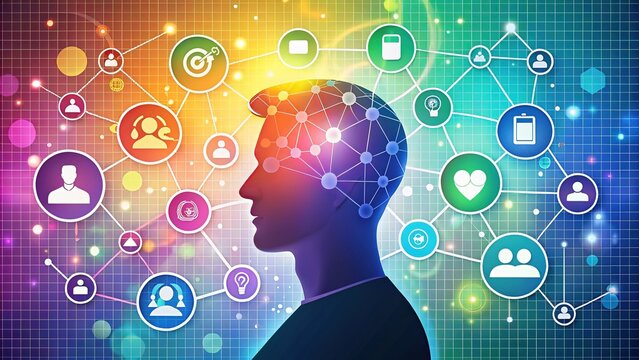 Colorful illustration of a person's profile with thought bubbles and icons representing demographics, goals, and behaviors, surrounded by a subtle grid background.