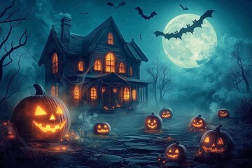 Spooky Haunted House with Glowing Pumpkins, Cobwebs, and Bats Flying in the Dark Sky