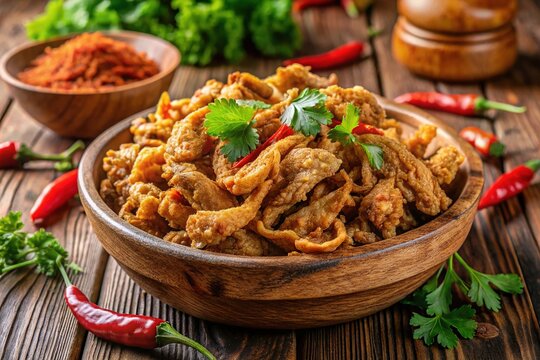 Crispy fried chitterlings infused with a medley of aromatic spices and herbs, served golden-brown and indulgent.