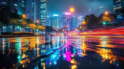 Obraz premium A city skyline at night, with colorful neon lights reflecting off wet streets, creating dynamic light effects