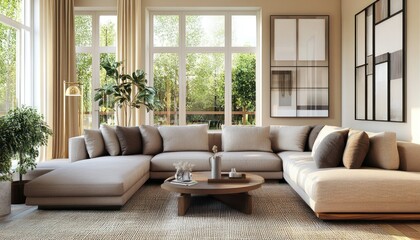 Fototapeta premium Modern Living Room with Beige Sectional Sofa, Wooden Coffee Table, and Natural Light