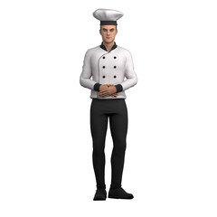 3D Chef Male in Professional Setting. A male chef stands with an upright posture and his arms crossed in front of his stomach, showing an attitude of professionalism and readiness. Cartoon