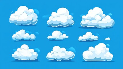 Fototapeta premium Cartoon fluffy clouds dance against a vibrant blue sky in this fun and modern vector illustration. Perfect for design