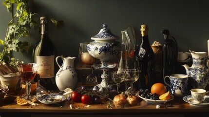 A table is covered with various items, including wine glasses, cups, and bowls