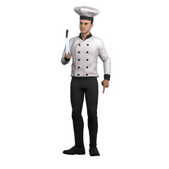 3D Professional Male in Chef Role. A male chef stands with his right hand holding a knife while his left hand points down. Cartoon