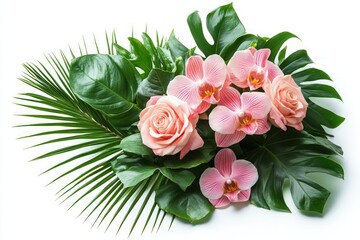 A beautiful arrangement of pink roses and orchids with tropical leaves on a white background.