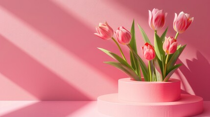 Fototapeta premium Display product on pink podium with tulips in bright light