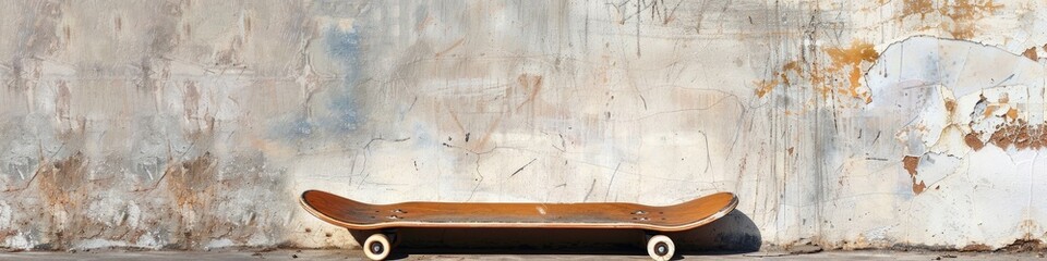 Retro skateboard deck featuring a timeless front nose design leaning against a wall, providing a blank canvas for urban or surf skating.