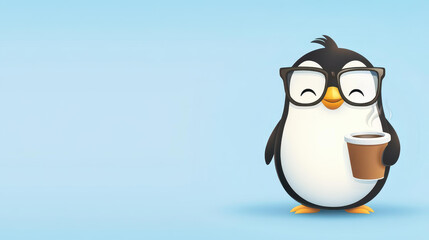 Obraz premium A cute cartoon penguin in glasses sips coffee, radiating cozy vibes in a clean and simple backdrop.