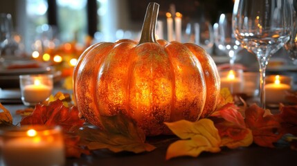 Glowing Pumpkin Centerpiece with Candles and Autumn Leaves on a Table