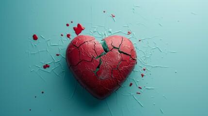 A striking image of a cracked red heart resting on a blue surface, representing broken love and heartache. The vivid contrast between the red heart and the blue background creates a powerful visual