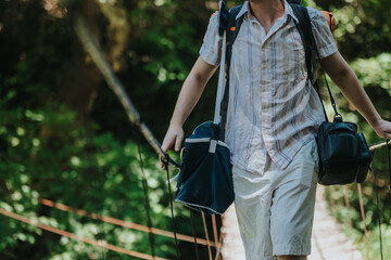 A man walks on a suspension bridge in a forest setting, carrying hiking gear and wearing casual summer attire. The scene evokes adventure and exploration.