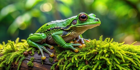 Obraz premium A vibrant green mossy frog with intricate patterns on its skin perches on a moss-covered log, surrounded by lush greenery in a serene jungle environment.