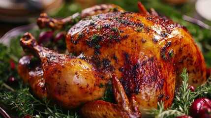 Close-up of a Roasted Turkey with Herbs and Cranberries