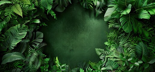 Tropical green leaves frame a circular space, perfect for adding your text or design. This lush background evokes a sense of nature and tranquility.