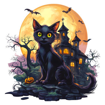 Cute black cat sitting on a pumpkin tshirt design isolated on a transparent background