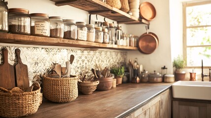 vintage chic, kitchen organization, antique wooden shelves, glass jars with handwritten labels, copper pots hanging from wall hooks, woven baskets on countertops, side view, large farmhouse sink in