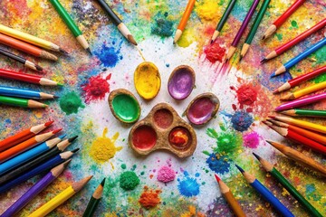 Naklejka premium Adorable dog paw print artwork on paper, surrounded by colorful crayons and paintbrushes, with vibrant splatters and smeared colors creating a playful, whimsical atmosphere.