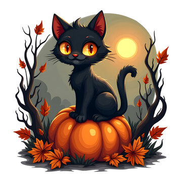 Cute black cat sitting on a pumpkin tshirt design isolated on a transparent background