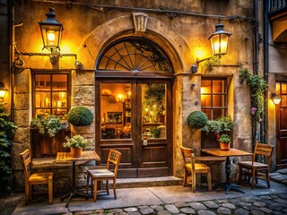 Fototapeta premium A warm and inviting Italian restaurant storefront at dusk, with golden lighting, rustic wooden doors, and vintage signage, exudes classic European charm and sophistication.