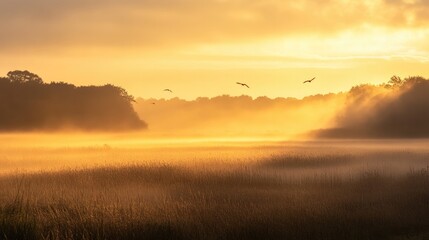 Obraz premium A sunrise over a misty field, with soft golden light creating a peaceful, calming effect across the landscape