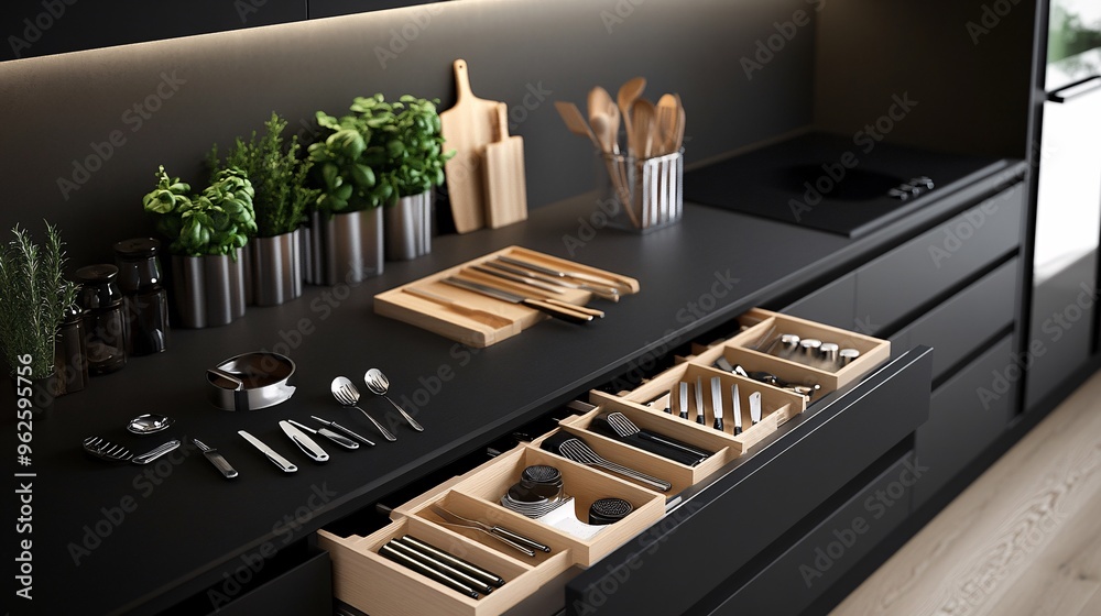 Wall mural minimalist kitchen, hidden compartments, sleek black cabinets, neatly arranged utensils in pull-out drawers, clean countertops, natural light, clutter-free storage