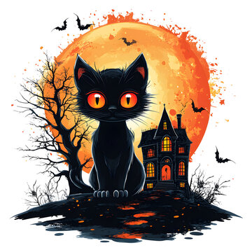 Cute black cat sitting on a pumpkin tshirt design isolated on a transparent background