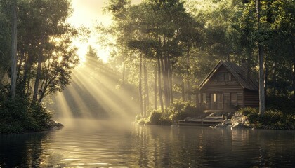 Fototapeta premium A Rustic Cabin Nestled in a Sun-Dappled Forest by a Tranquil Lake