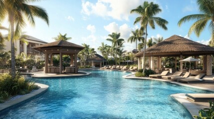 Fototapeta premium A luxurious resort pool area with cabanas, sun loungers, and a swim-up bar set against a tropical backdrop.