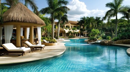 A luxurious resort pool area with cabanas, sun loungers, and a swim-up bar set against a tropical backdrop.