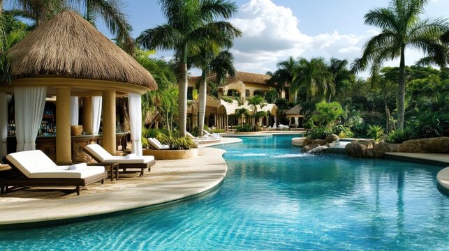A luxurious resort pool area with cabanas, sun loungers, and a swim-up bar set against a tropical backdrop.