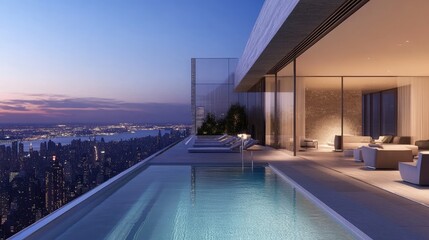 A modern pool with an open-air lounge area, sleek design, and a stunning view of the city skyline.