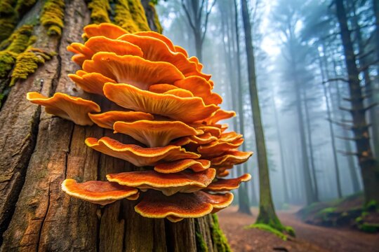 A vibrant orange shelf fungus grows out of a decaying tree trunk in a misty forest, its scalloped edges and wavy shape on full display.