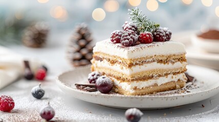 A festive tiramisu cake decorated with chocolate and berries.