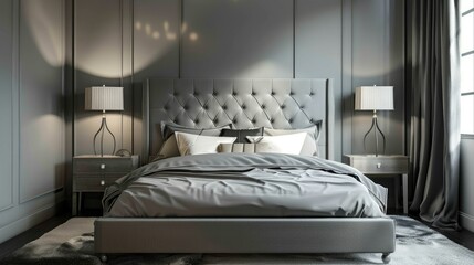 Trendy gray bachelor's bedroom with stylish king-size bed and lamps.