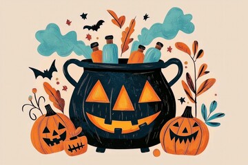 Halloween Cauldron with Pumpkins and Potions