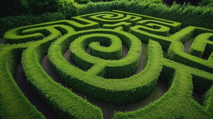 A high-angle view of a labyrinth garden, with neatly trimmed hedges forming intricate line patterns