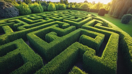 A high-angle view of a labyrinth garden, with neatly trimmed hedges forming intricate line patterns