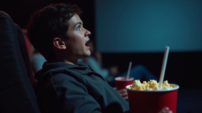 Young Boy Watching Movie: Engrossed Child Enjoying Cinema Experience with Popcorn in Darkened Room