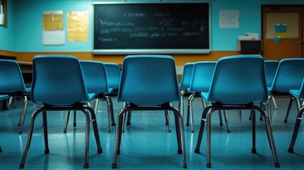 A row of blue plastic chairs in an empty school classroom, with a blackboard and desk at the front.