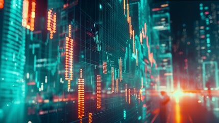 Abstract image showcasing financial data charts and graphs with a neon-lit city background. The vibrant colors and futuristic design evoke themes of finance, technology, and modern urban life, making