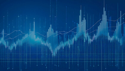 Abstract blurred tech finance background with diagrams pixel element network concept in blue colors with space for text