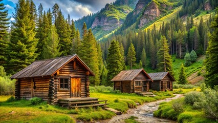 Obraz premium Rustic cabins nestled in the wilderness, surrounded by nature