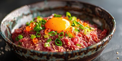Raw Beef Tartare with Orange Egg and Green Onion Served in a Bowl