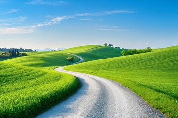 Winding road through lush green rolling hills. Idyllic rural landscape on sunny day. Tranquil countryside scenery. Nature and travel concept. Panoramic view for wallpaper, banner, or backgroun