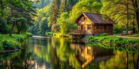 Fototapeta premium Wooden house nestled amongst trees beside a tranquil river, wooden, house, river, trees, nature, tranquil, serene, peaceful
