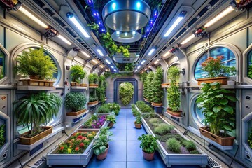 Lush greenery in futuristic indoor hydroponic garden with led lighting