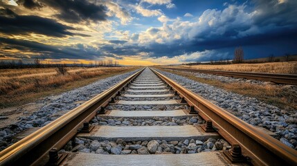 A railway track stretching into the distance, emphasizing parallel lines converging at the horizon under a cloudy sky