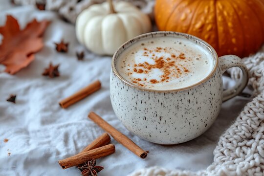A cozy-looking pumpkin spice latte in a ceramic mug with frothy milk, placed on a soft grey background. Scattered cinnamon sticks and mini pumpkins enhance the autumn theme, leaving space for