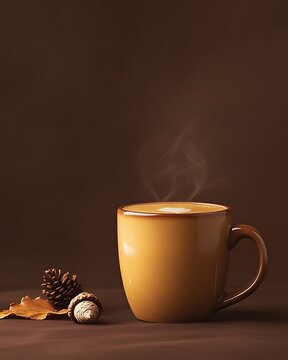 A steaming cup of pumpkin spice latte in a ceramic mug, isolated on a deep brown background. Space is left to the side for text, with light autumn-themed elements such as acorns and pinecones